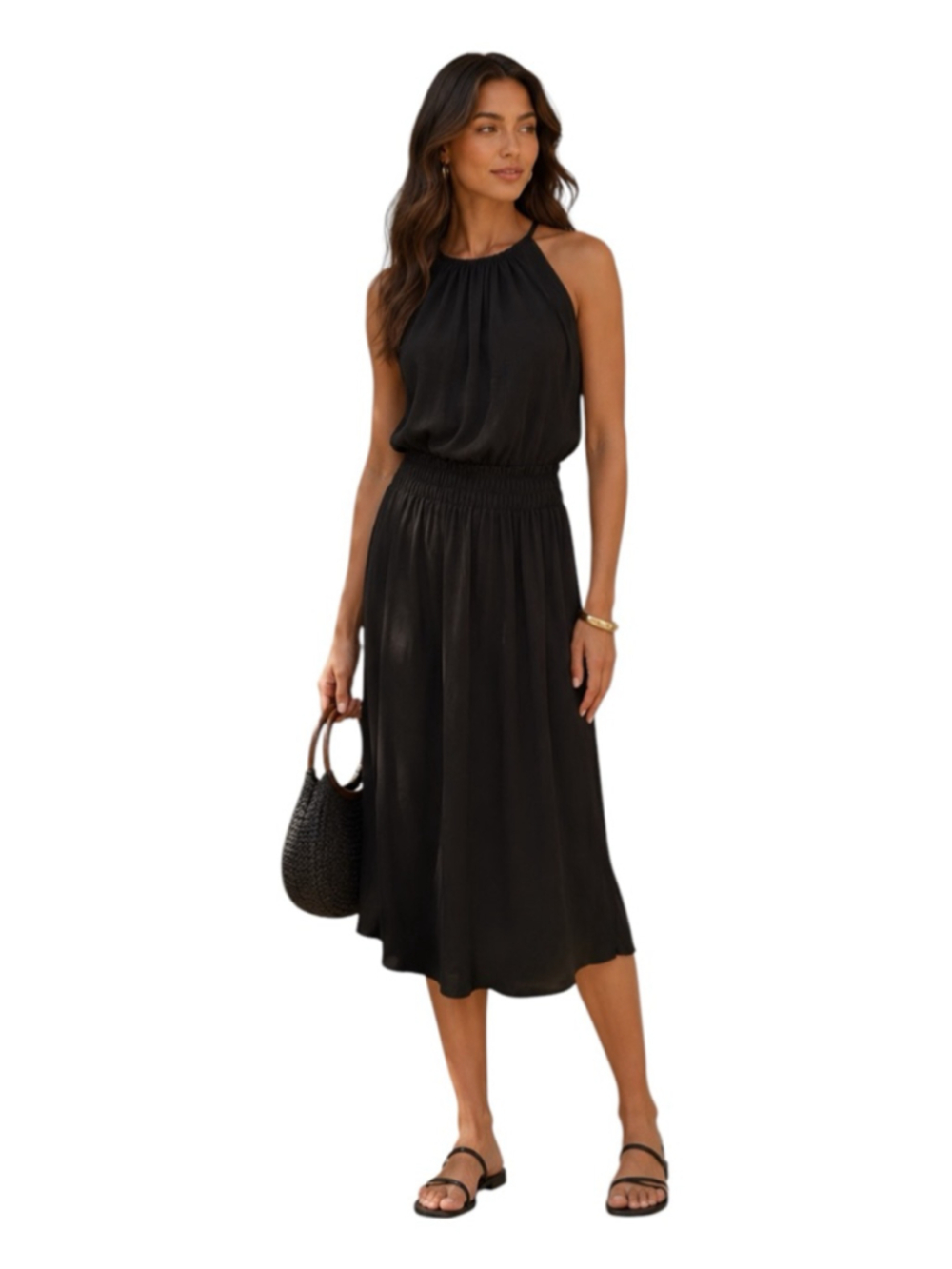 SheBird Black Halter Midi Dress Size 5 M/L Built-In Bra Smocked Waist